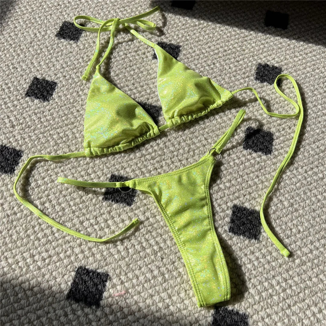Bikini Donna Halter Glitter Sparkling High Leg Cut