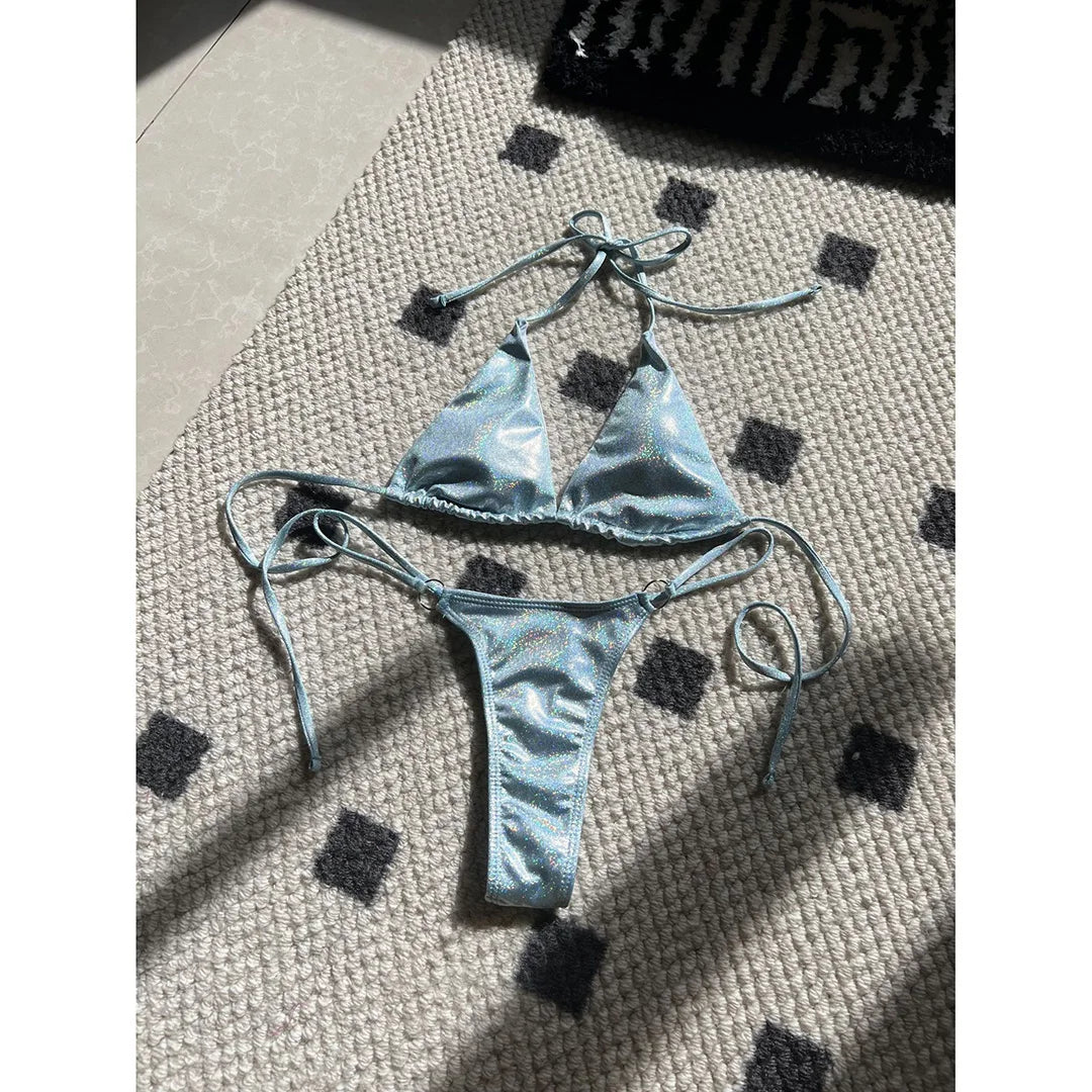 Bikini Donna Halter Glitter Sparkling High Leg Cut