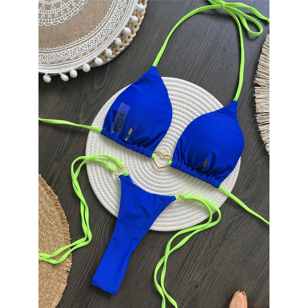 Bikini Donna Halter Splicing Mini Tanga a Vita Alta