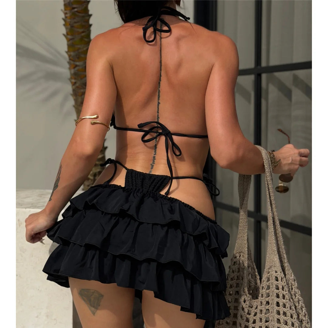 Bikini Donna Halter con Gonna e Balze Volant (3 Pezzi)
