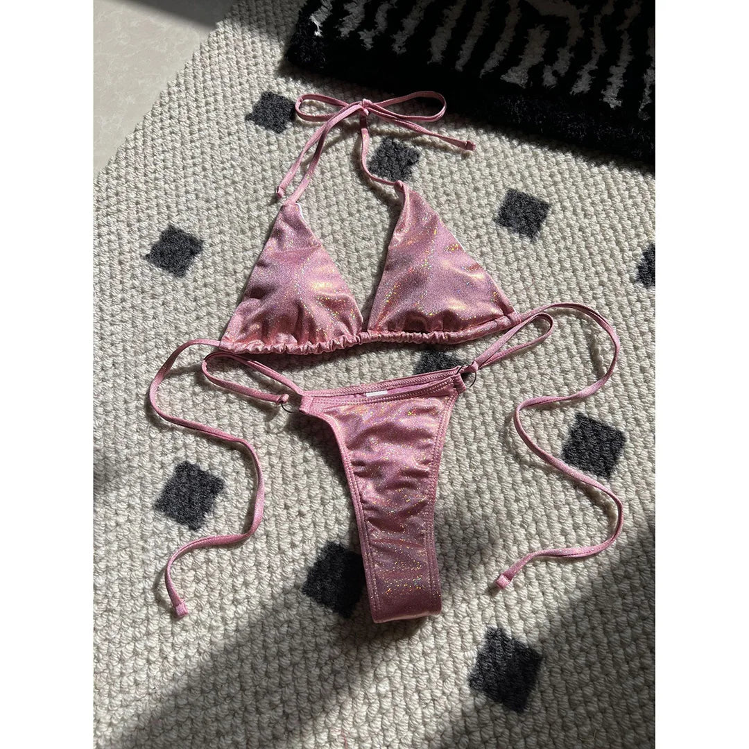 Bikini Donna Halter Glitter Sparkling High Leg Cut