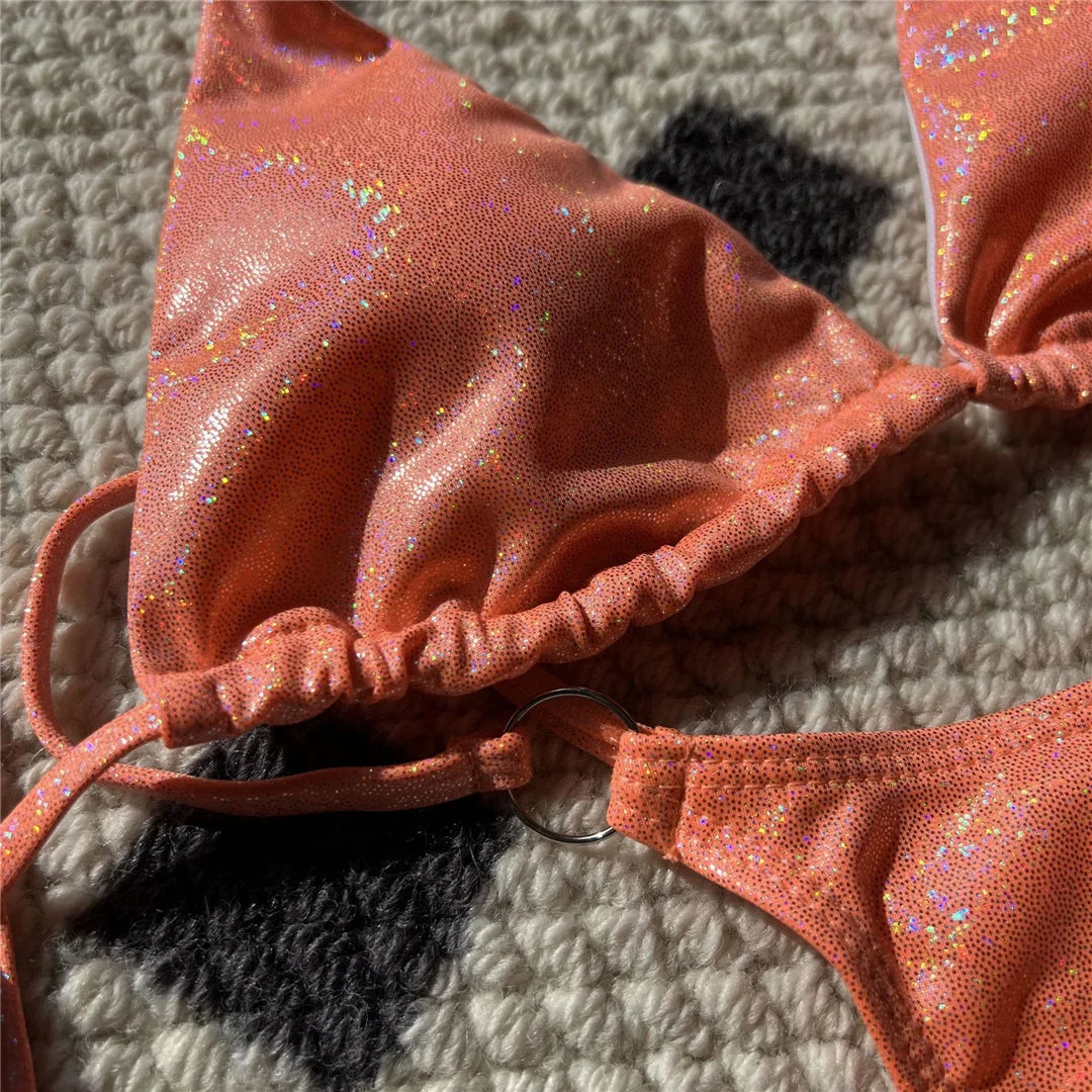Bikini Donna Halter Glitter Sparkling High Leg Cut